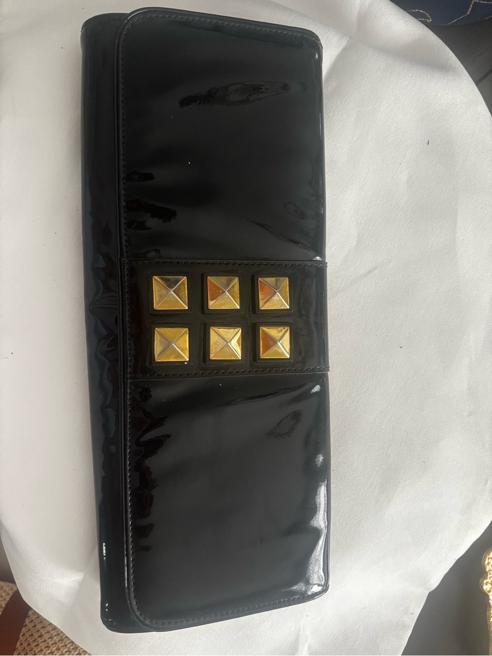 Black Patent Leather Clutch with Gold Stud Accents